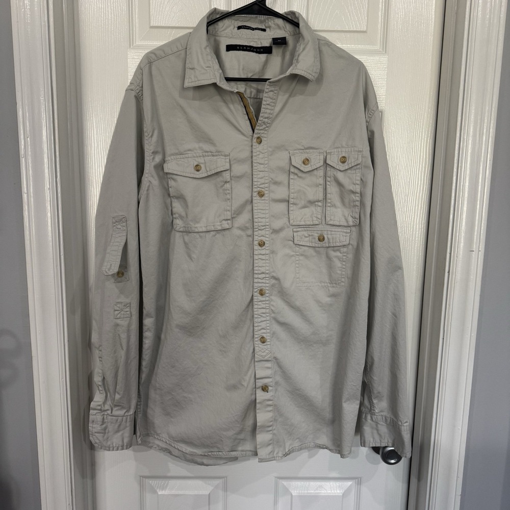 Sean John‎ Button Up Shirt Mens 3XL Tailored Fit Cotton Long Sleeves Ivory Beige